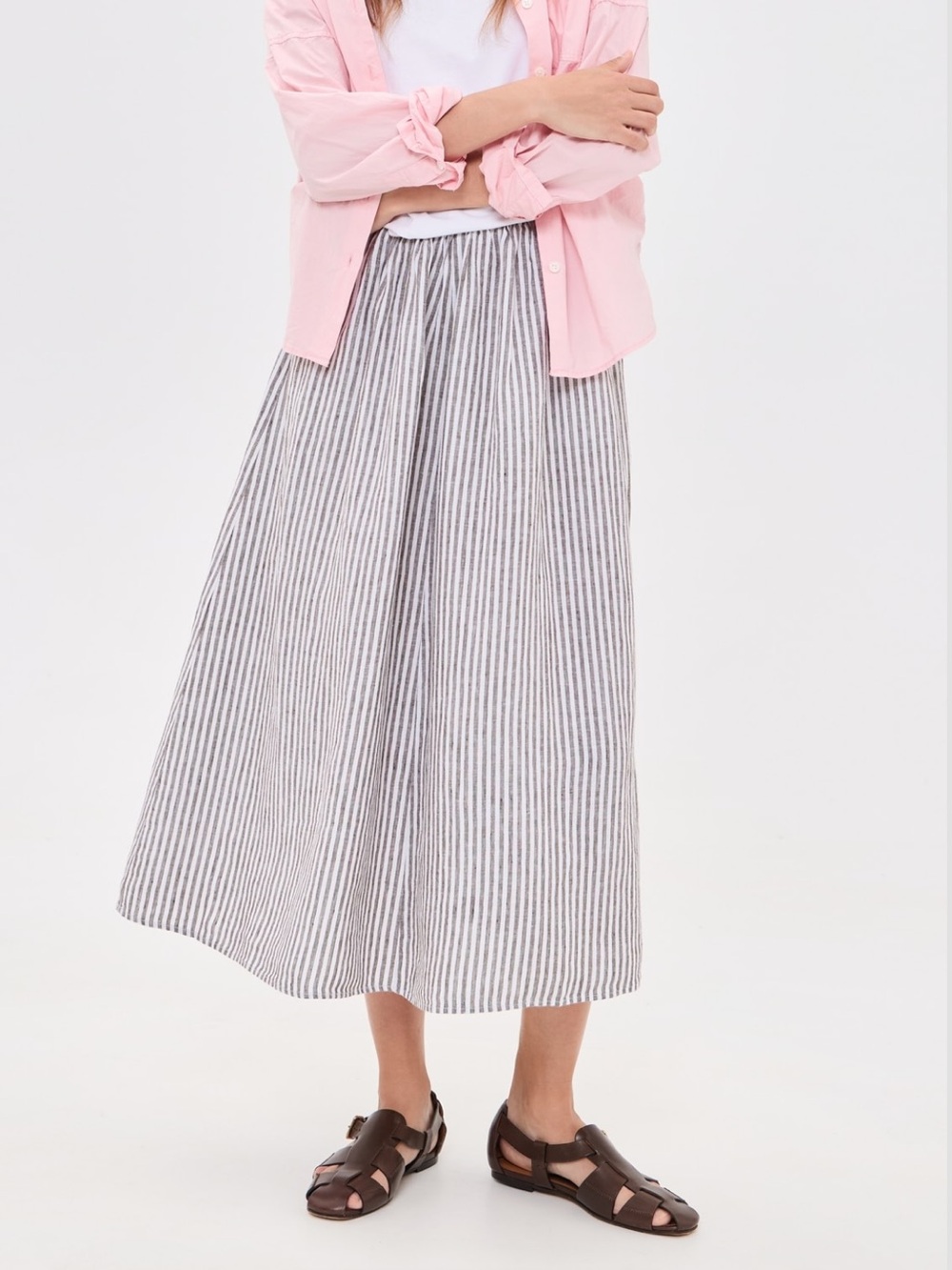 Alex Mill Striped White and Brown Gathered Midi Skirt - Picture 4 of 6